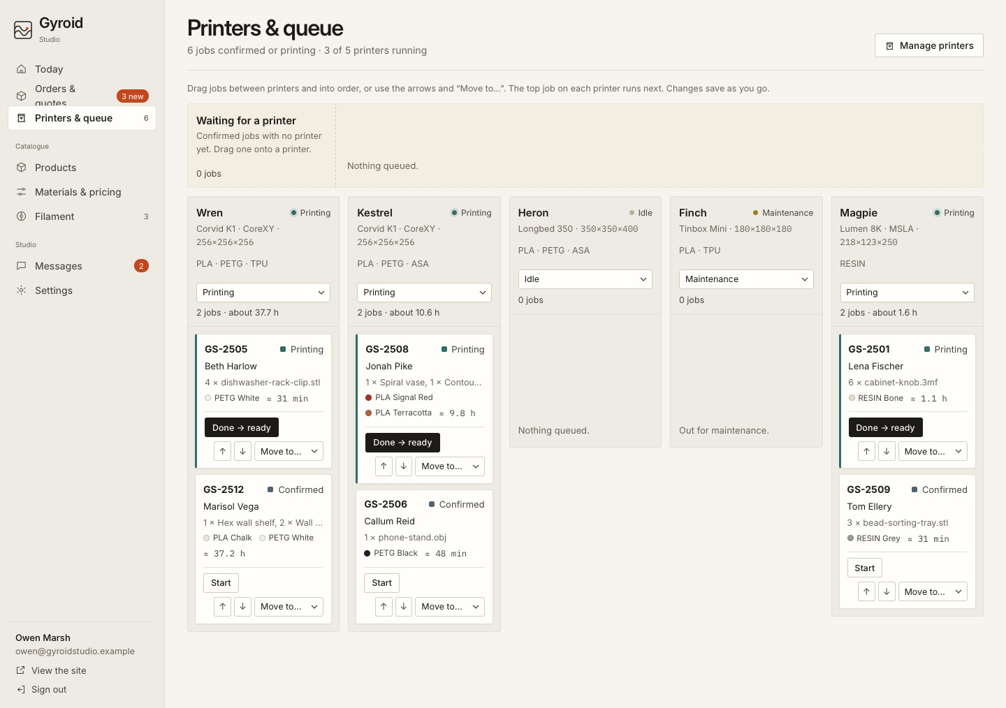 The printer queue: five printers with their jobs, statuses and time left.