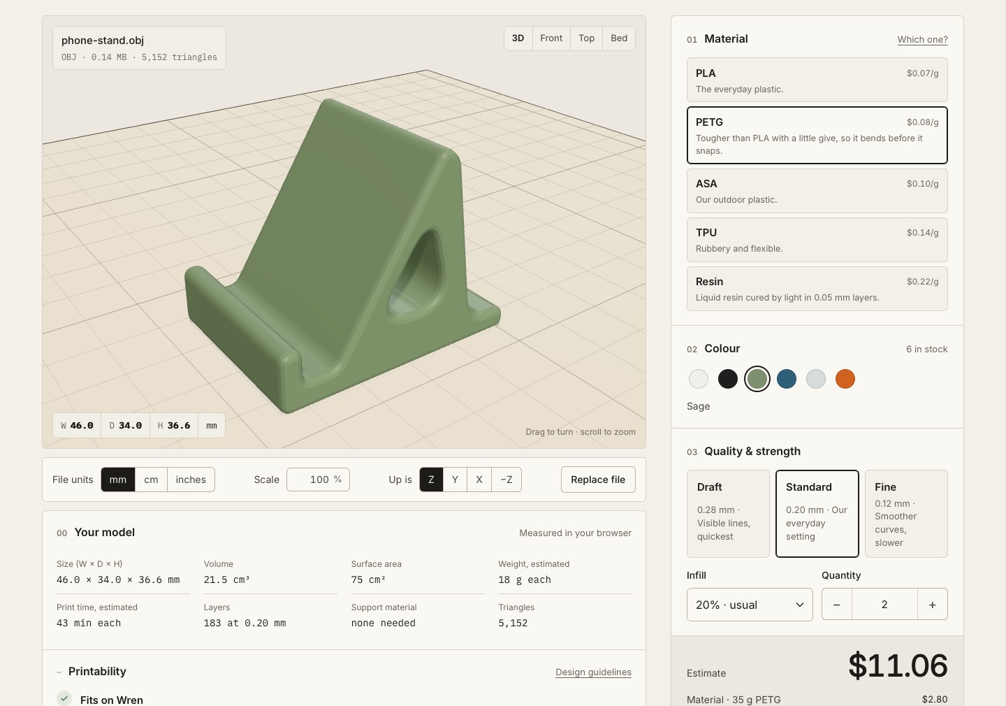 The instant quote: a phone stand on a virtual build plate, its measurements, material choices and an estimate of $11.06.